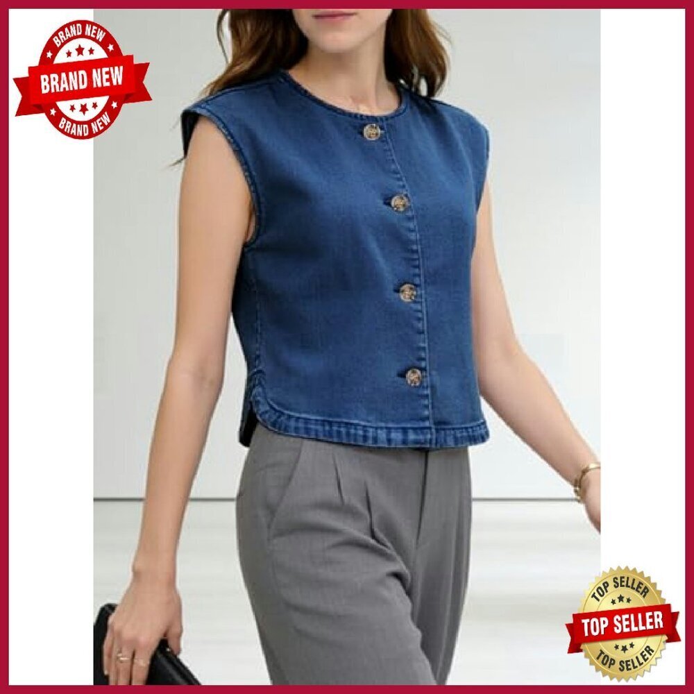 Cropped Denim Vest Cap Sleeve Button Down Summer Casual Waistcoat - Picture 7 of 8